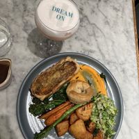 Chicken and leek Sunday roast. Rose Elderflower bellini  at Mildreds - Soho in London