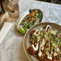 Broccoli side and kimchi Rice. Pandab Jasmine tea  at Mildreds - Soho in London