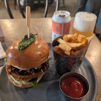 Chicken* Parmesan* burger and fries. With a lager. Recommended!!! at Mildreds - Soho in London