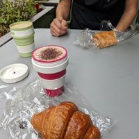 Vegan croissant & pain au chocolat, latte & capuccino with oat milk at Whole Foods Market - Piccadilly in London