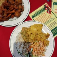 Salad, rice, chana and aloo at Indian Veg Bhelpoori House in North London