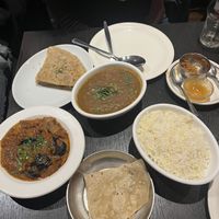 Aubergine curry, Dahl, vegan garlic paratha and vegan roti  at Jai Krishna in North London