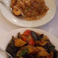Pad Thai and braised aubergine at Loving Hut in North London