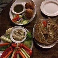 Starters = veggie balls with coriander dip and crudités with aubergine pate
Plus home baked bread at Riverside Vegetaria in Kingston Upon Thames