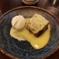 Cake with custard and icecream at Greens in Manchester