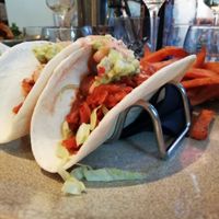 Pulled Jackfruit tacos with sweet potato fries at Greens in Manchester
