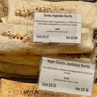 Spinach, Potato & Pea Wrap. Smoky Vegetable Burrito. Vegan Chorizo Jambalaya Burrito.  at The 8th Day in Manchester