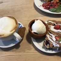 Vegan strawberry cake with vegan ice cream, latte with soya milk  at The Zoo in Hull