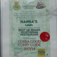 Hansa's best restaurant award at Hansa's Restaurant in Leeds