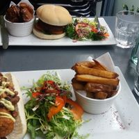 Chilli Dog and Special Burger.  at Roots and Fruits in Leeds