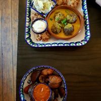 "meat"balls, garlic mushrooms, potato salad!! maths chips   at El Piano in York