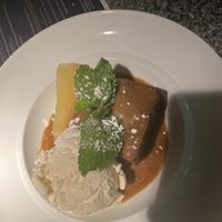 Sticky toffee pudding with pear and vegan ice cream at Zeffirellis in Ambleside