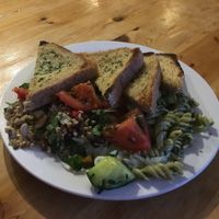 Garlic bread and salad at The Egg Cafe in Liverpool