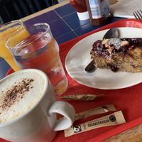 Banana loaf and oat milk cappuccino   at The Egg Cafe in Liverpool