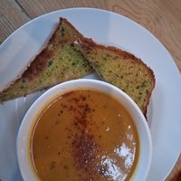 Ginger and pumpkin soup with garlic bread at The Egg Cafe in Liverpool