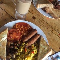 Vegan and vegetarian full English with iced coffee (not on menu)  at The Egg Cafe in Liverpool