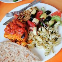 Pitta and vegan burger with salad at The Egg Cafe in Liverpool
