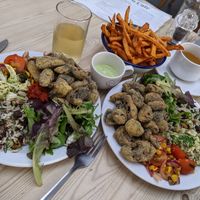 Tempura mushrooms, sweet potato fries at Blue Moon Cafe in Sheffield