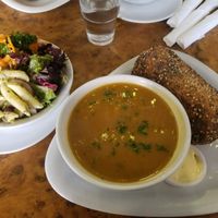 Sweet potato and coconut soup with vegan butter and granary bread and a wonderful side salad bowl at Herbies in Exeter