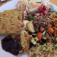 Curried cauliflower and leek fernatta with salad at Archie Browns Health Food in Penzance
