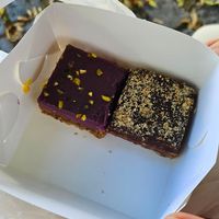 Raspberry and salted caramel raw cakes at Gopal in Tampere