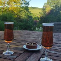 Kir Normand apéro outside overlooking the garden at La Maison du Vert in Ticheville