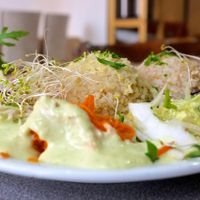 Dish served in the restaurant: two cereals, one legume, pickels, vegetables at Grand Appetit in Paris