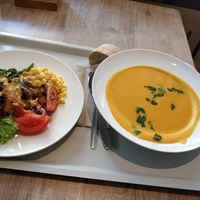 Carrot soup and mixed salad at Osho's Place in Cologne