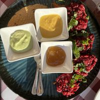 Red beet patties (forgot the name) with delicious dipping sauces   at Tassajara in Hamburg