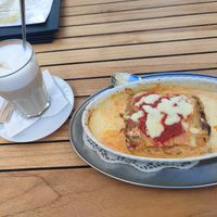 Veggie lasagne and coffee at Prinz Myshkin City in Munich