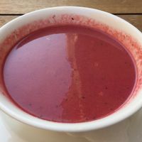Beetroot and coconut milk soup at Prinz Myshkin City in Munich