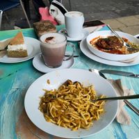 Schwedischer Apfelkuchen, Misospätzle, Gefüllte Aubergine at CafeBistro Mundial in Hagen