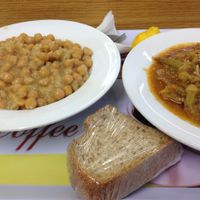 Chickpeas & bowl of soup & bread. None of it was warm or hot. at Health Ecology - Papanikolas Hygiene Theroes in Athens