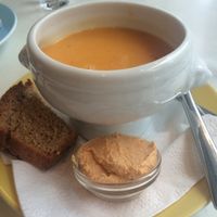 coconut curry soup with hummus and bread at Kaffihusid Gardurinn - Ecstasy's Heart-Garden in Reykjavik