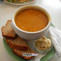 Vegan soup of the day (red lentil and vegetable I think?), hummus, bread at Kaffihusid Gardurinn - Ecstasy's Heart-Garden in Reykjavik