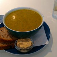 Carrots and spinach soup w/ houmous and bread at Kaffihusid Gardurinn - Ecstasy's Heart-Garden in Reykjavik