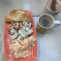 Vegan Pastry stuffed with beans and spices and other yummy stuff. Includes two salads. We had potato salad, coleslaw and added a scoop of lime rice salad    at Quay Co-op Cafe - Sullivan's Quay in Cork