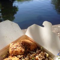 Enjoying lunch from Blazing Salads on a sunny day in St Stephens Green in Dublin  at Blazing Salads in Dublin