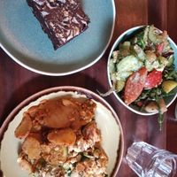 Gratin with salad and chocolate walnut brownie at Cornucopia in Dublin