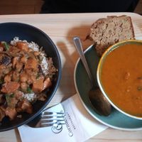 Curry dish and soup of the day at Cornucopia in Dublin