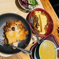 Beet and daikon salads, polenta puttanesca, veg soup and bread, moussaka at Cornucopia in Dublin