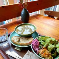 Mushroom and leek soup, sourdough, 3 salads: potato, slaw, roasted cauliflower at Cornucopia in Dublin