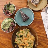 Thai green curry, potato salad, beet salad, coconut & chocolate tarte, and quiche in the upper corner.  The quiche was my favorite! at Cornucopia in Dublin