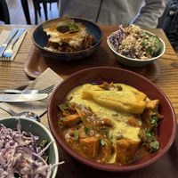 Jackfruit puttanesca and lentil pie (I think?)  at Cornucopia in Dublin