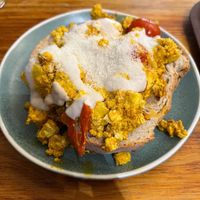 Tofu scramble (with vegan cheese and vegan yoghurt) on sourdough  at Cornucopia in Dublin