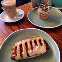 Sausage roll and walnut and coffee cupcake at Cornucopia in Dublin
