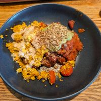 Half and half vegan breakfast on toast (tofu scramble and bean mix) at Cornucopia in Dublin