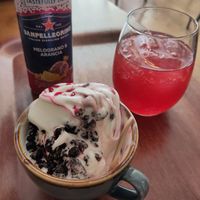 Softice with Oreotopping and raspberry sauce at Cornucopia in Dublin