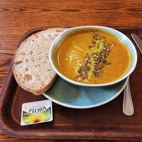 Tomato soup with bread and vegan butter. SO tasty! at Cornucopia in Dublin