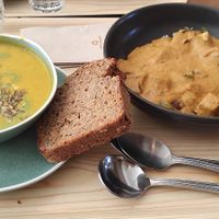 Carrot soup and tiki massala at Cornucopia in Dublin